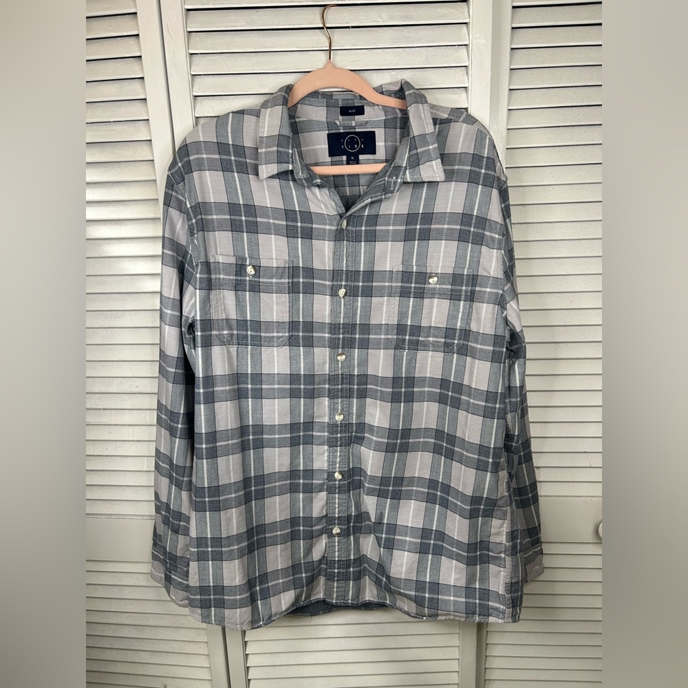Even Tide Men's Gray Plaid Button-Up Shirt - Casual Long‎ Sleeve Size XL